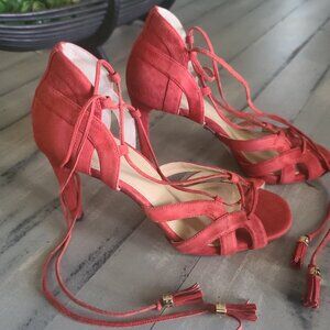 MICHAEL by Michael Kors Women's Size 7.5 Mirabel Red Suede Stiletto Heels Tassel